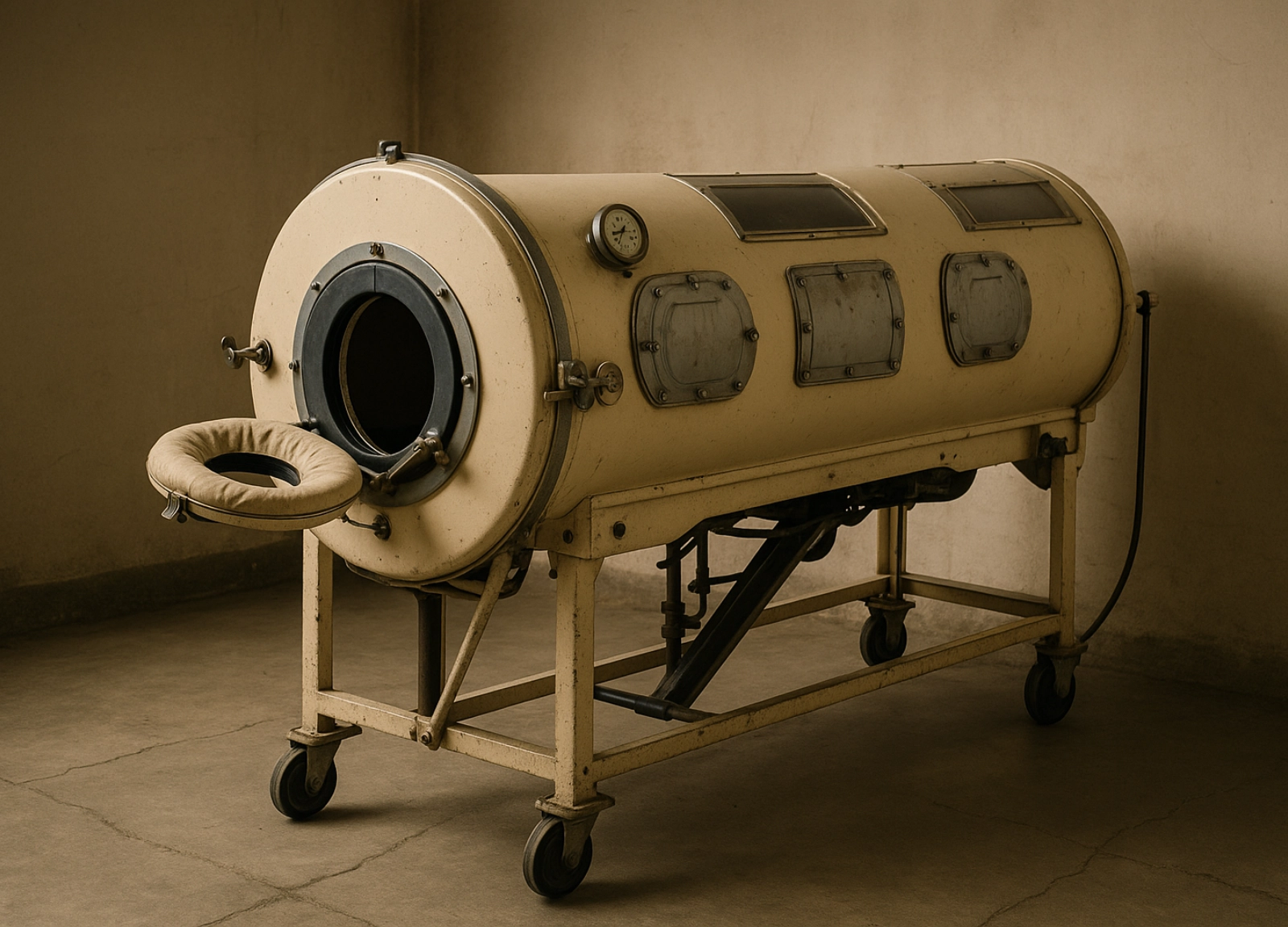 A close view of an iron lung — an airtight steel cylinder with portholes and a headrest