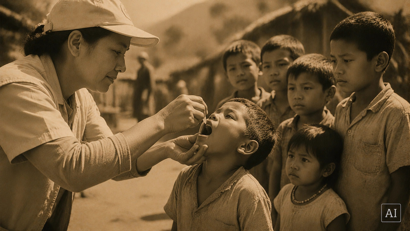 A health worker administering oral polio drops to a child during a global vaccination campaign
