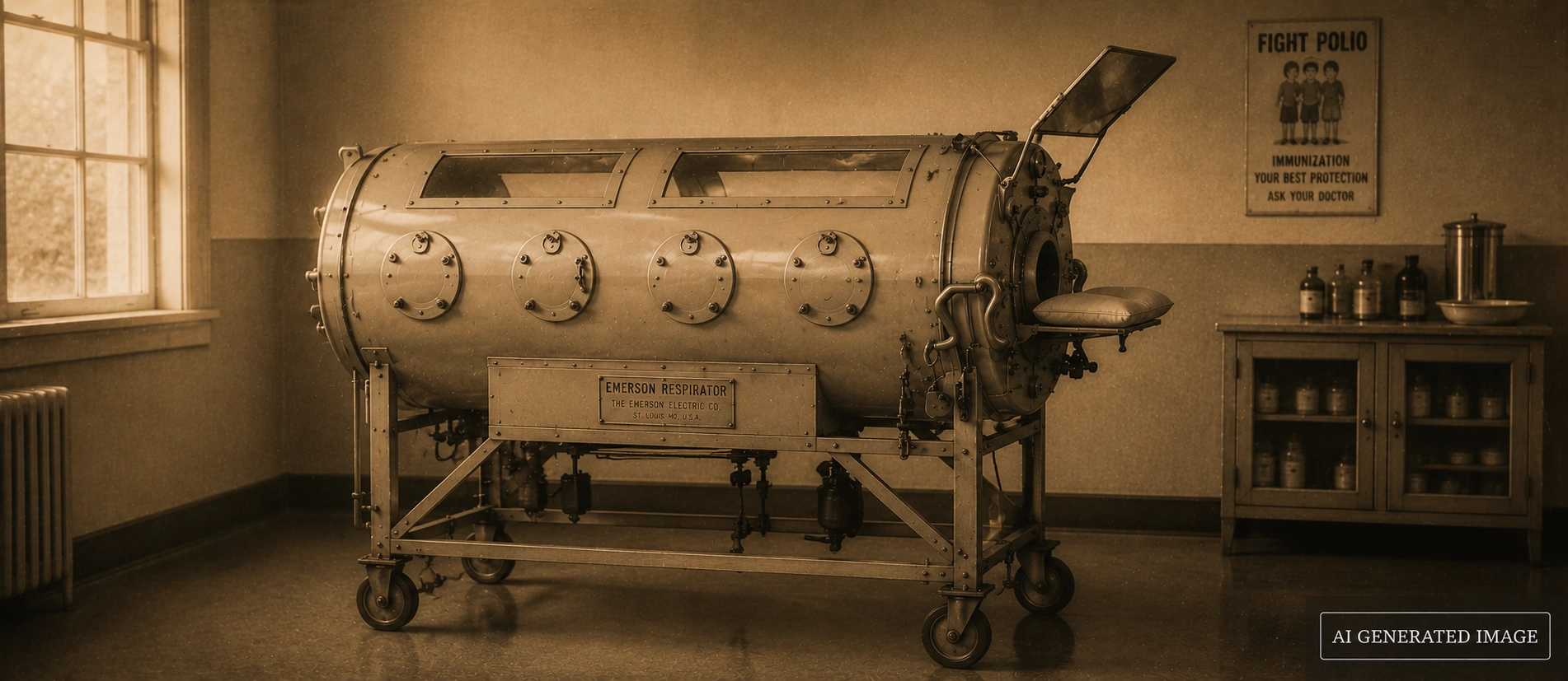 An iron lung respirator, one of the most powerful symbols of the polio era