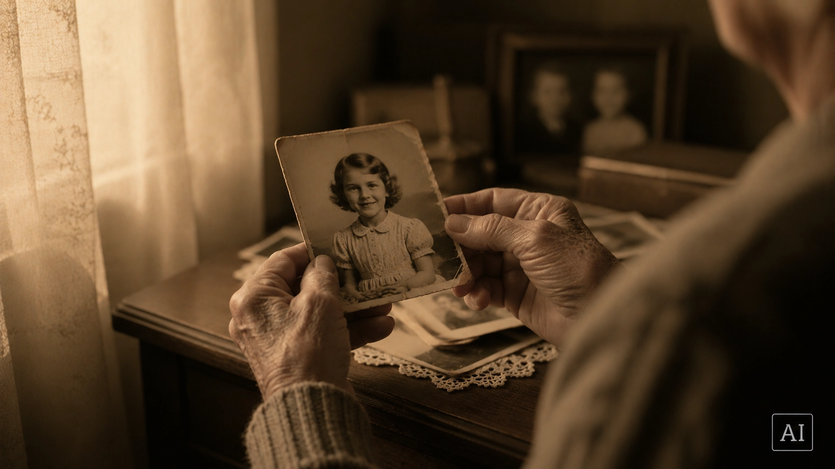 A quiet still life of keepsakes and photographs, holding personal memories
