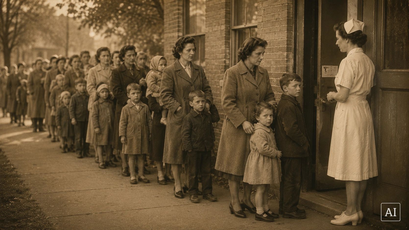 A long line of parents and children waiting outside a public health clinic for polio vaccination in the 1950s