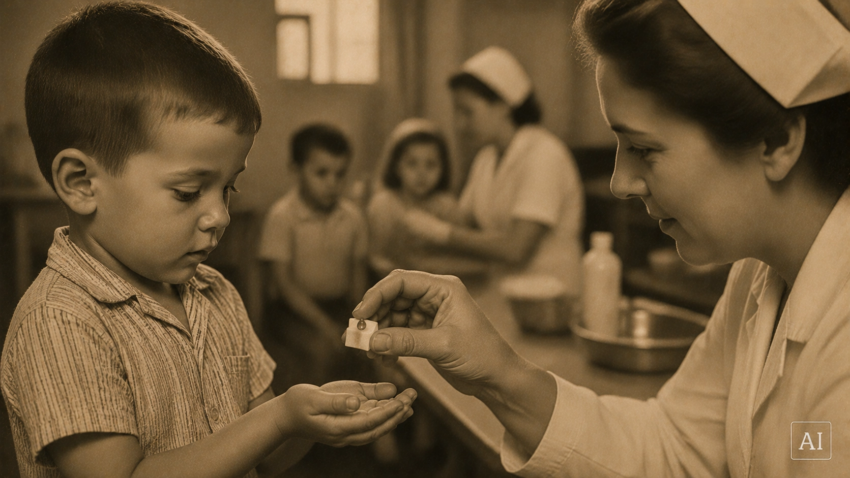 A child receiving the oral polio vaccine on a sugar cube