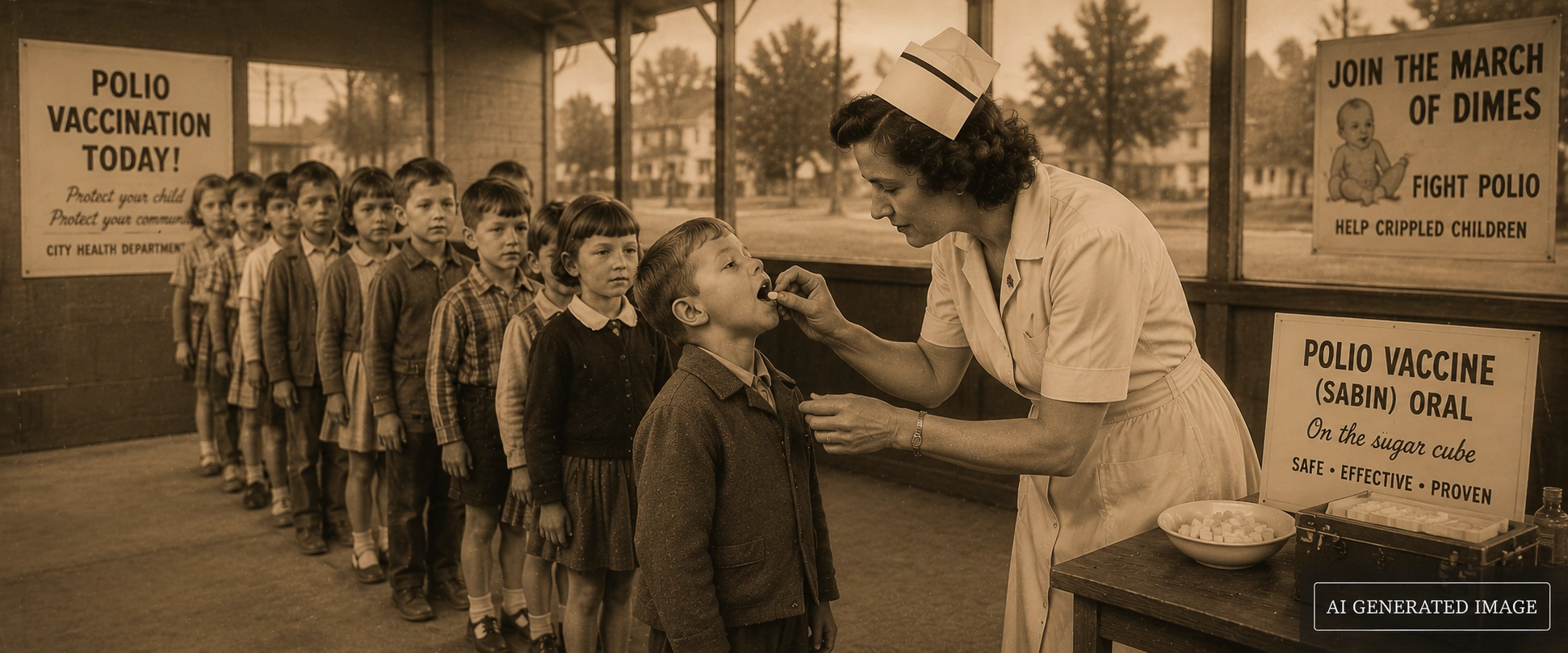 A child receiving the oral polio vaccine on a sugar cube during a vaccination campaign