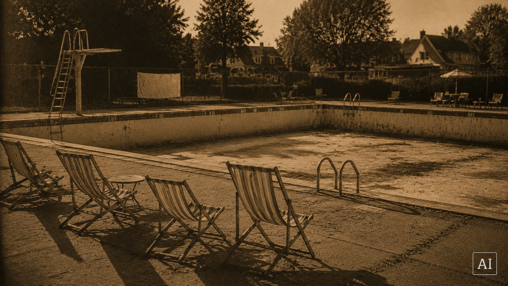 An empty sun-drenched swimming pool, a haunting image of summers interrupted by polio outbreaks