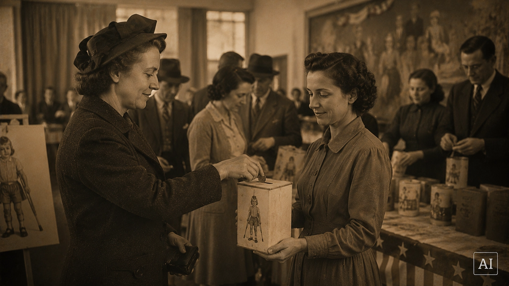 Hands dropping coins into a donation collection during a polio charity fundraising drive