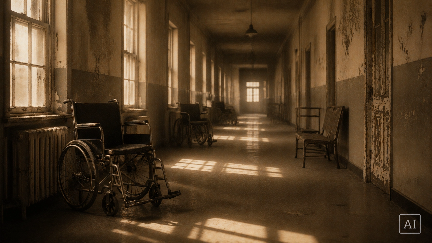 An empty hospital corridor, evoking the wards that once overflowed and then fell silent