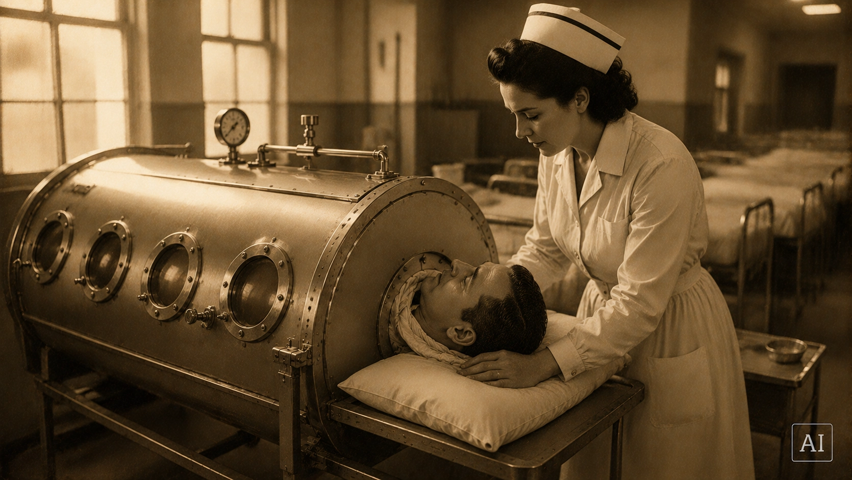 An iron lung respirator in a 1950s hospital ward, with a nurse standing attentively nearby