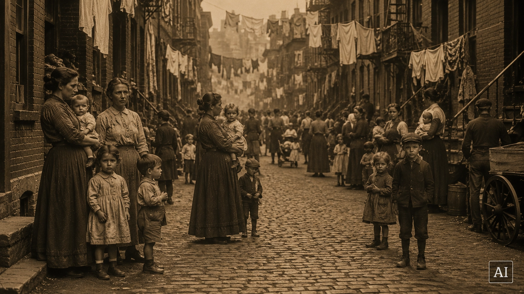 A crowded turn-of-the-century city street, evoking the urban life in which polio epidemics began to spread