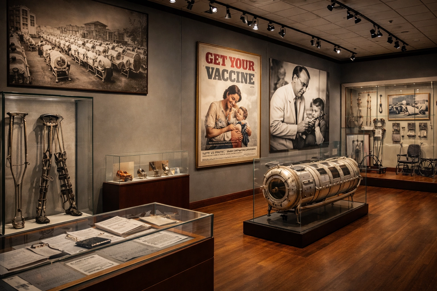 An iron lung respirator displayed in a museum-like setting, surrounded by artefacts of the polio era