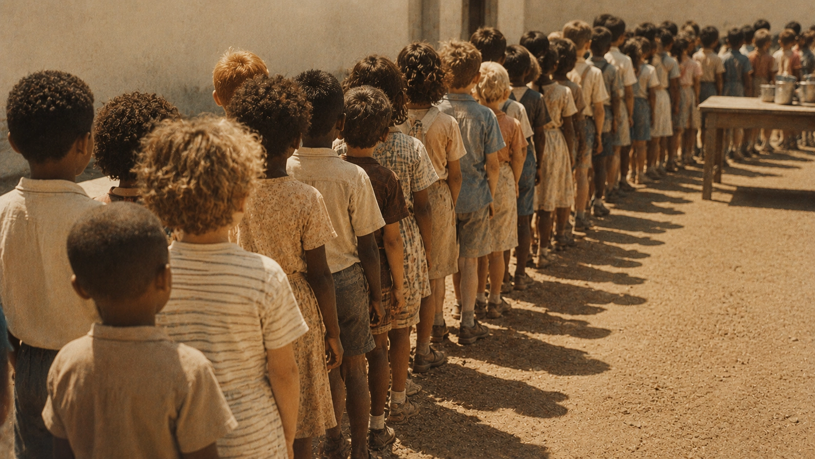 A long, diverse queue of children waiting in bright sunlight beside a table set up outdoors.
