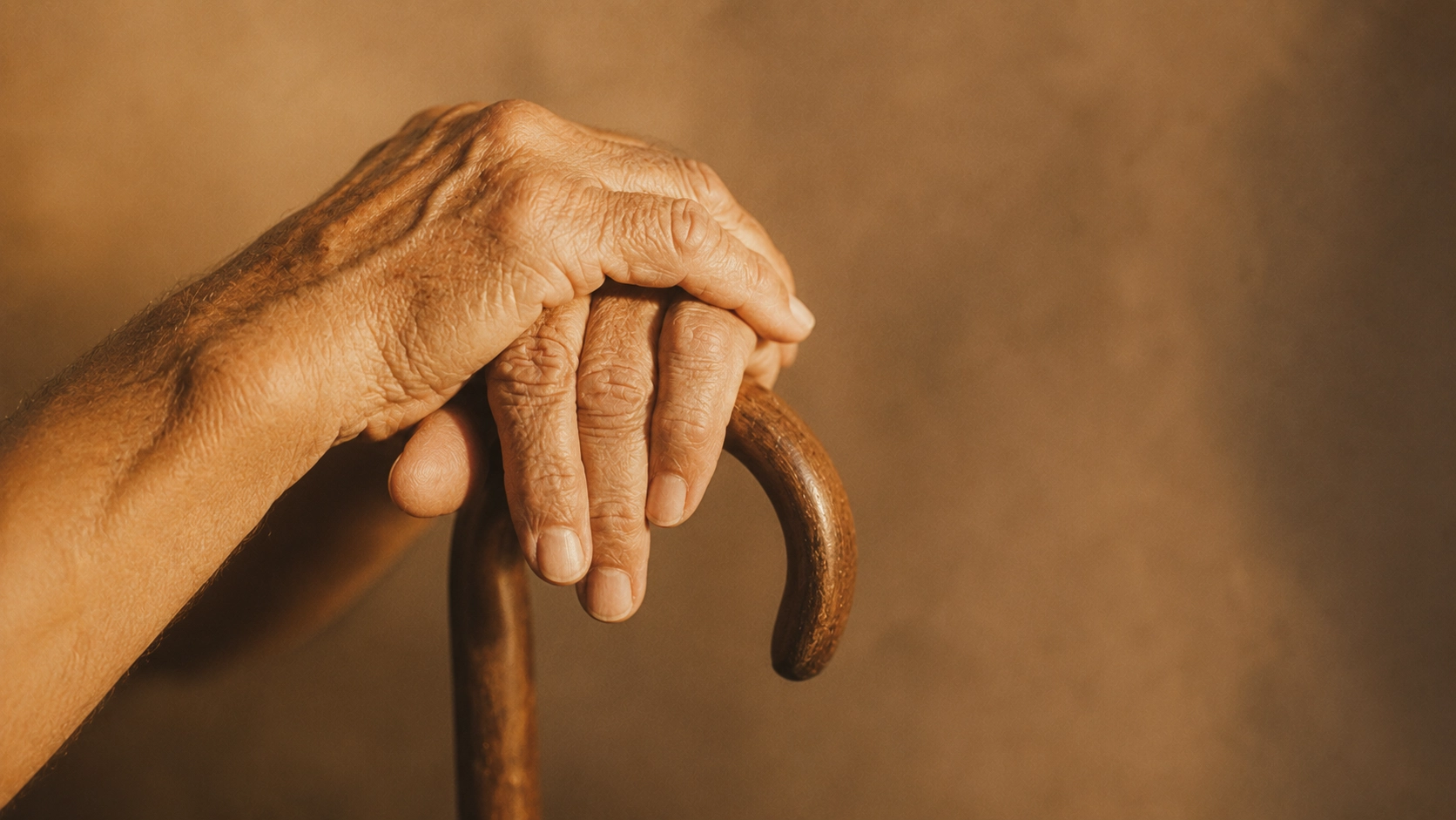 The hands of an elderly person resting on the handle of a wooden walking stick.