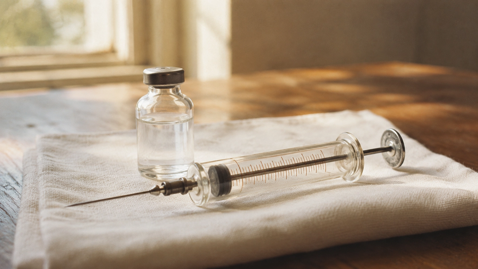 A vintage glass syringe and a small glass vaccine vial resting on a cloth in daylight.