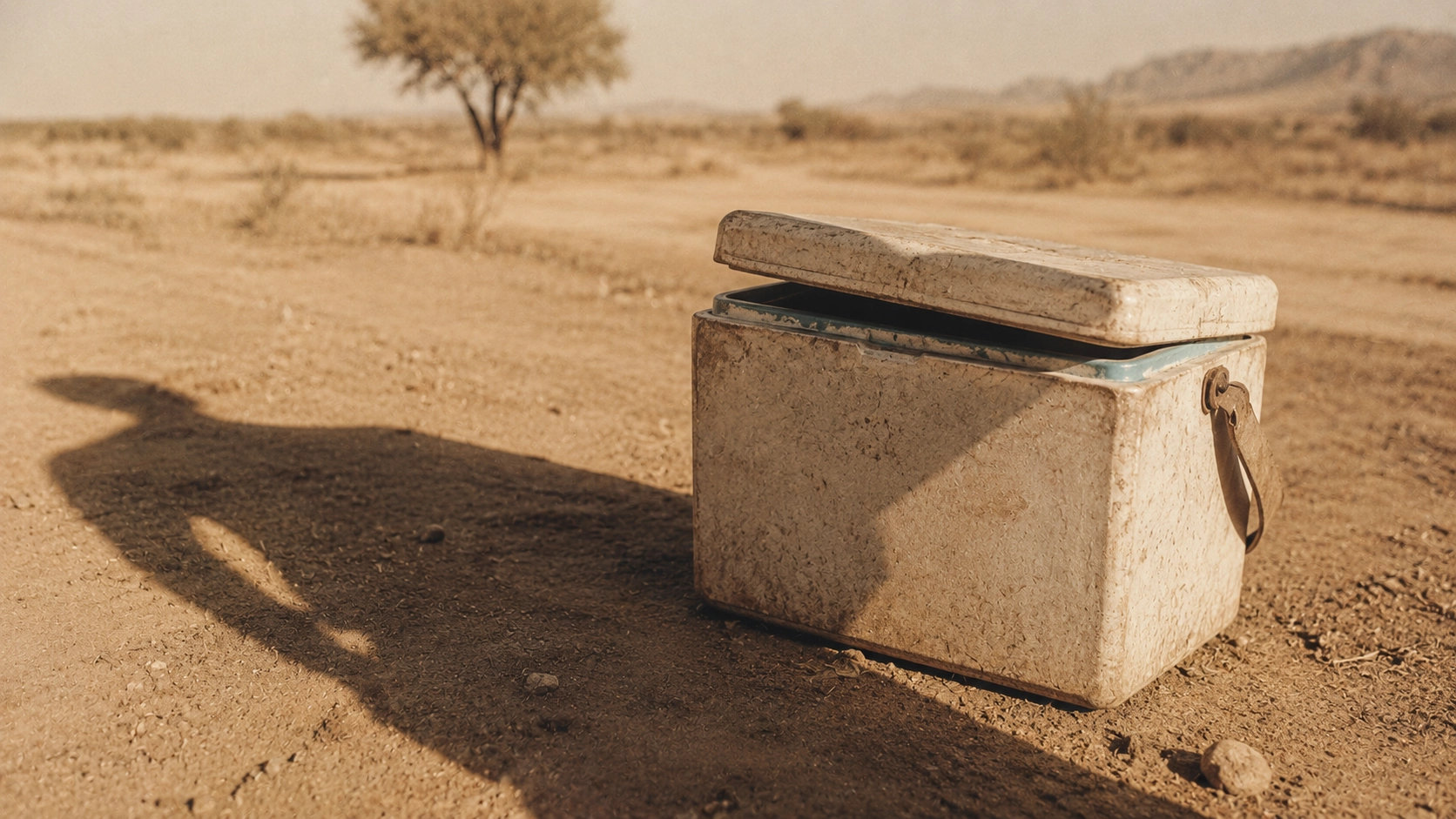 A weathered portable vaccine cooler box standing on open ground in bright sunlight.